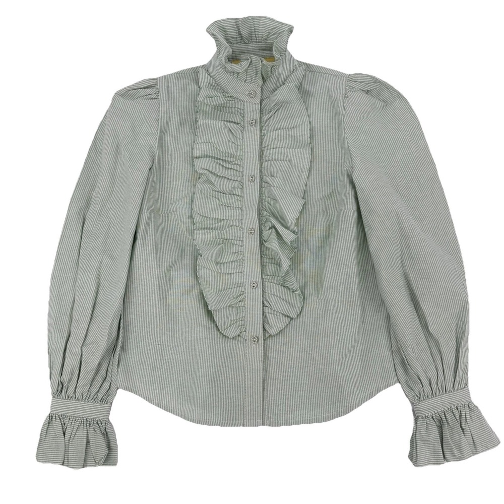 PHILIPPA 1970‎ Green Striped 100% Cotton Blouse Romantic Feminine Ruffled Collar